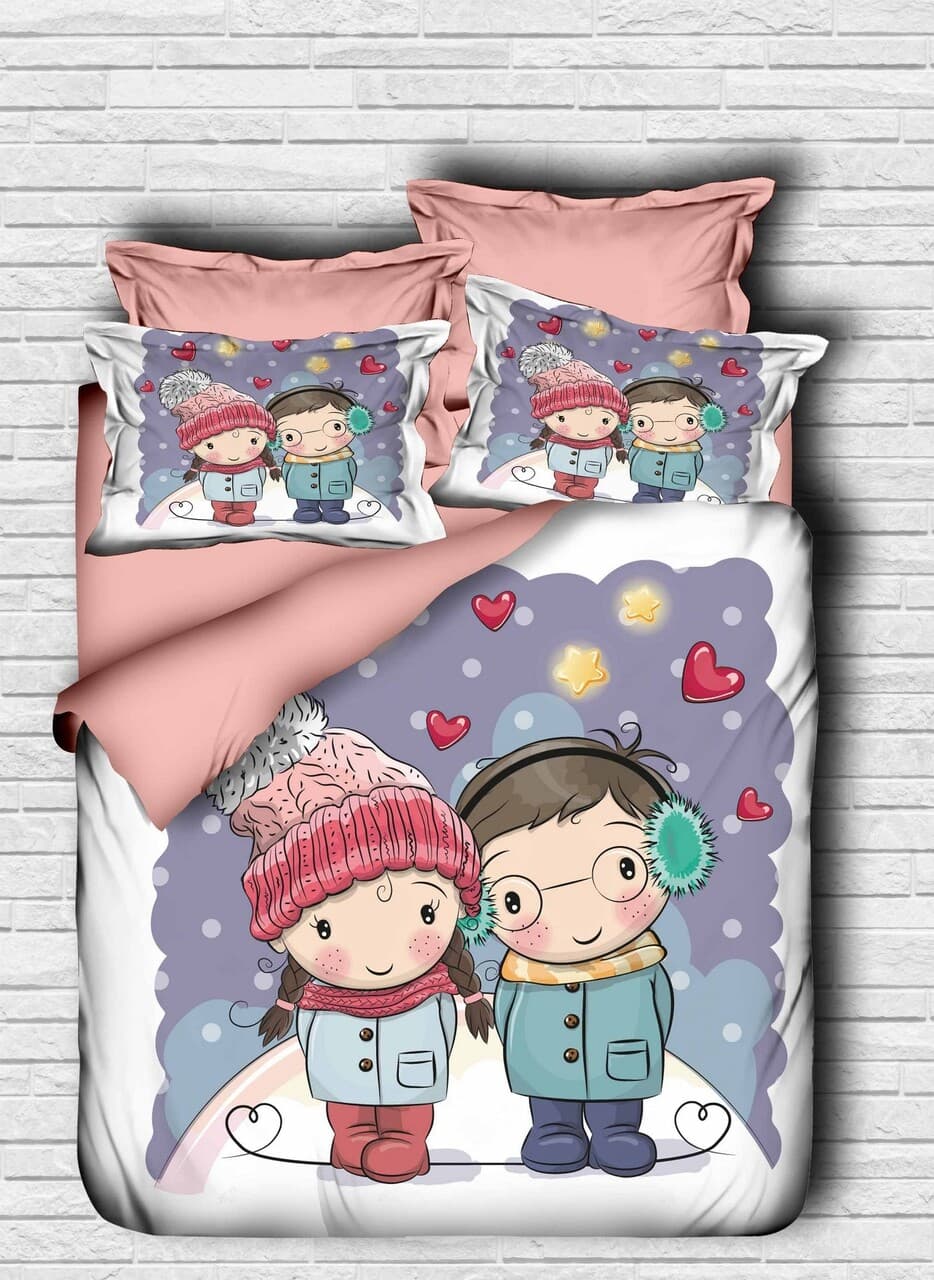 Lenjerie de pat pentru doua persoane, Pearl Home, 110, print 3D, amestec bumbac, 4 piese, roz prafos/bleu/alb