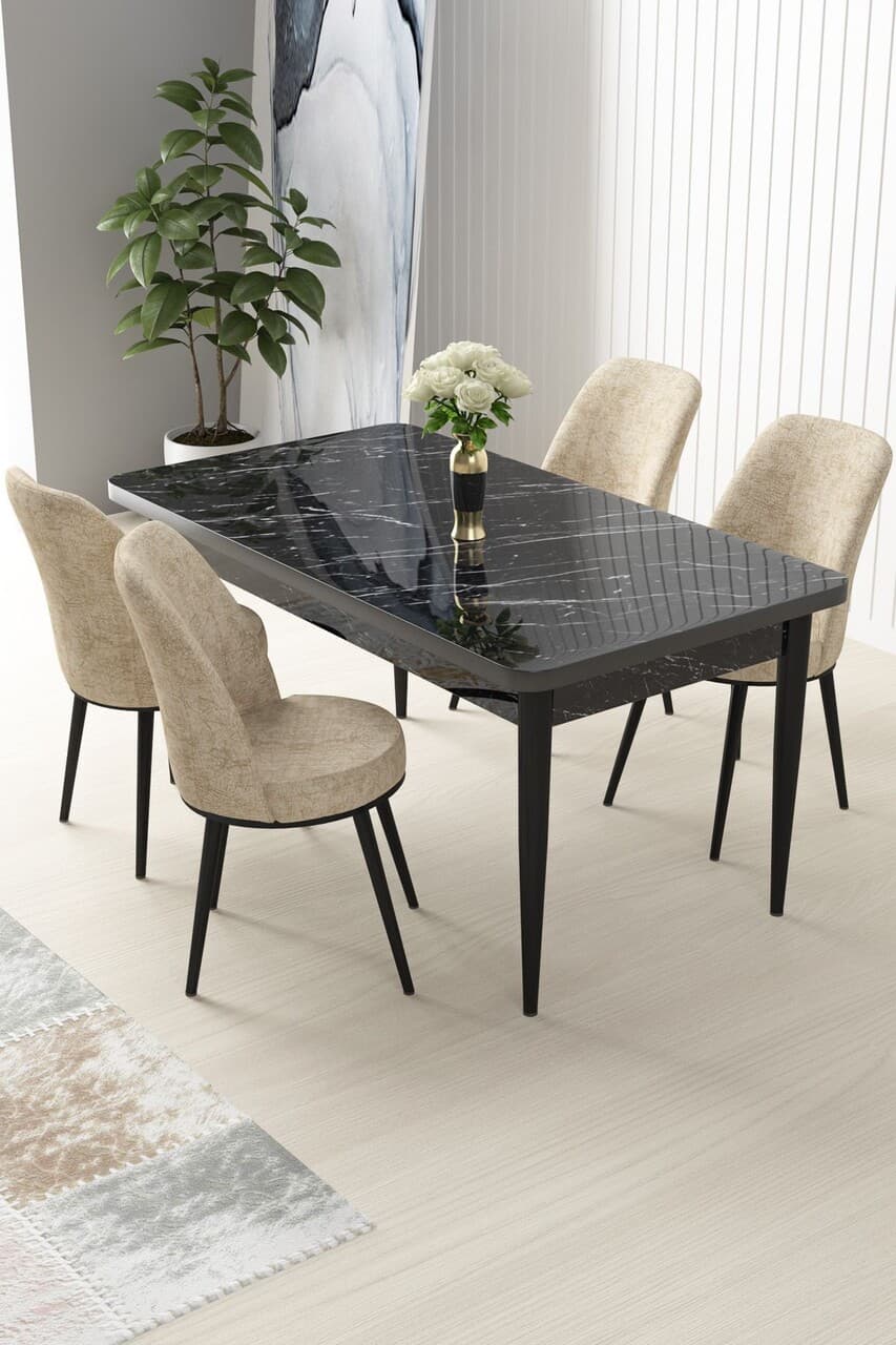 Set masa si scaune (5 bucati), Hanah Home, Nil, Marmura neagra / Crem