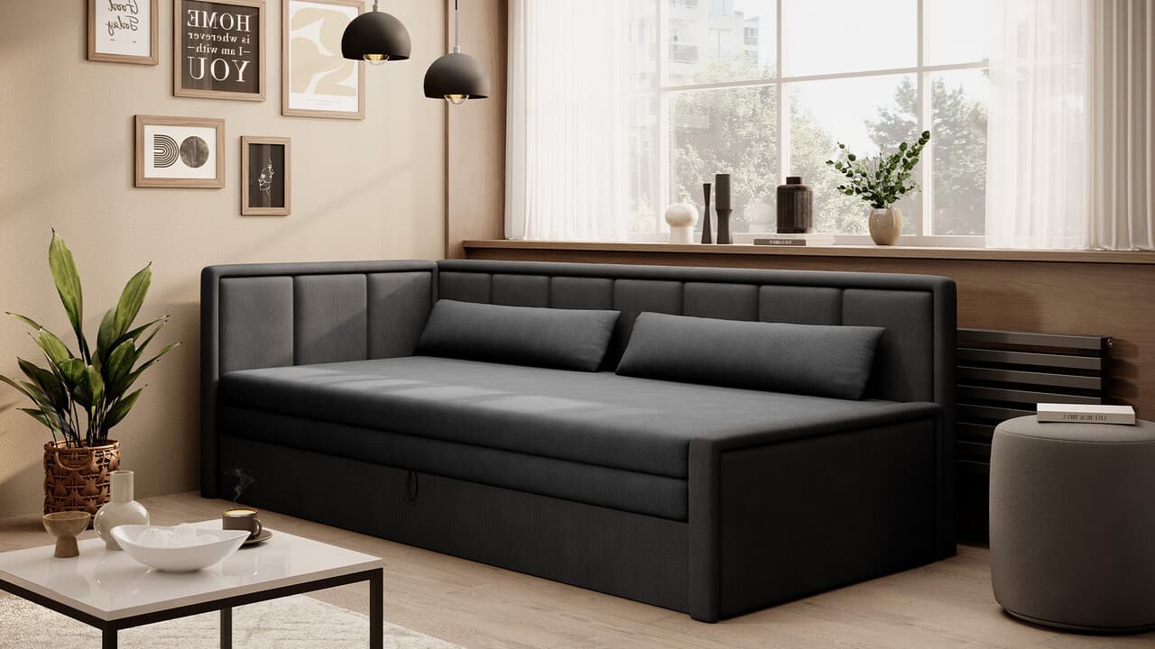 Canapea extensibila brat stanga 3 locuri, ELTAP, Fulgeo, 214x82x77 cm, lemn/catifea din poliester, gri inchis