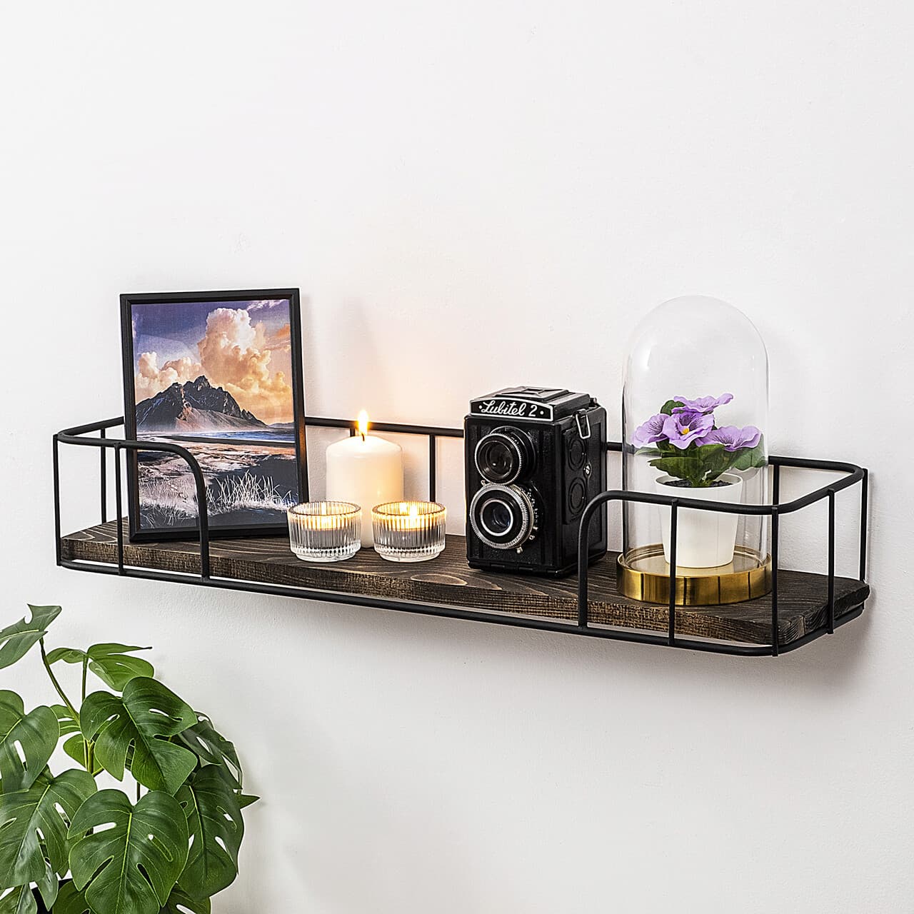 Raft de perete, Hanah Home, Syringa, 60x10x15 cm, Negru / Nuc Inchis