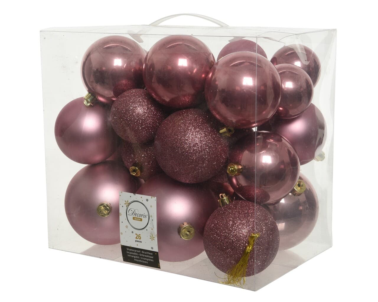 cutie cu 26 globuri asortate plain mix decoris plastic roz velvet