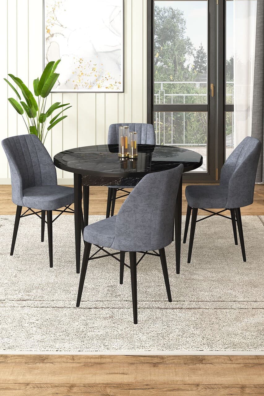 Set masa si scaune (5 bucati), Hanah Home, Rox, Marmura neagra / Fumure