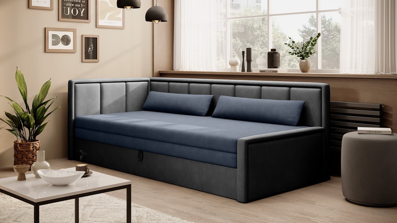 Canapea extensibila brat stanga 3 locuri, ELTAP, Fulgeo, 214x82x77 cm, lemn/catifea din poliester, albastru inchis/gri
