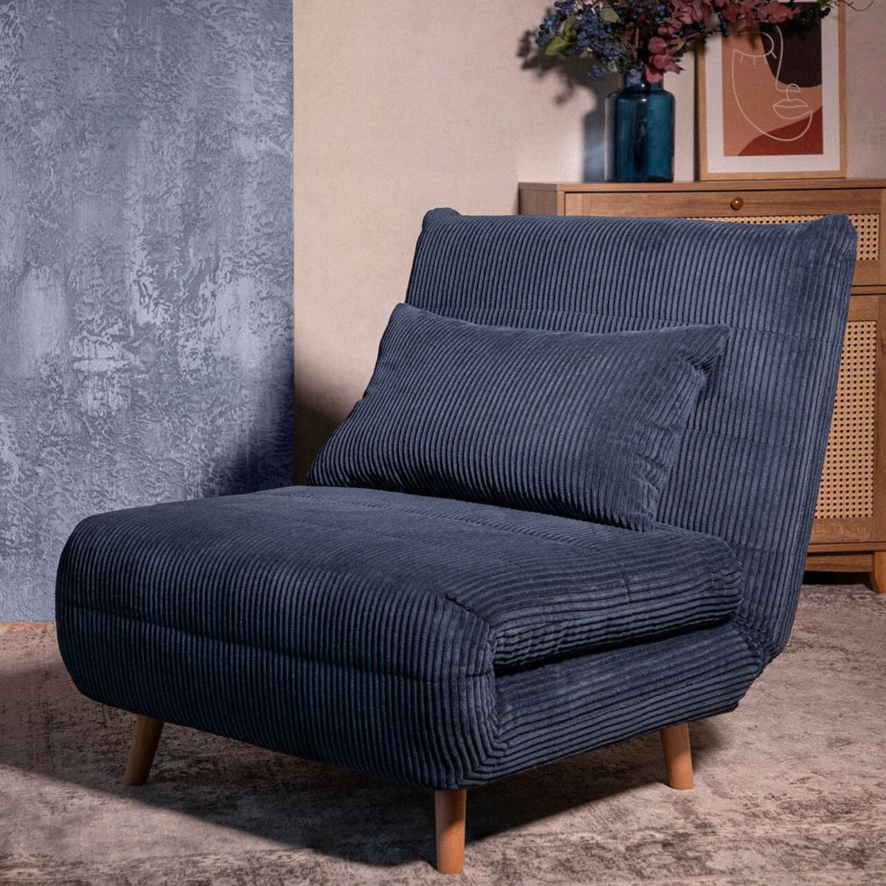 Canapea extensibila 1 loc Solace, Homla, 83x91x84 cm, MDF/catifea din poliester, bleumarin