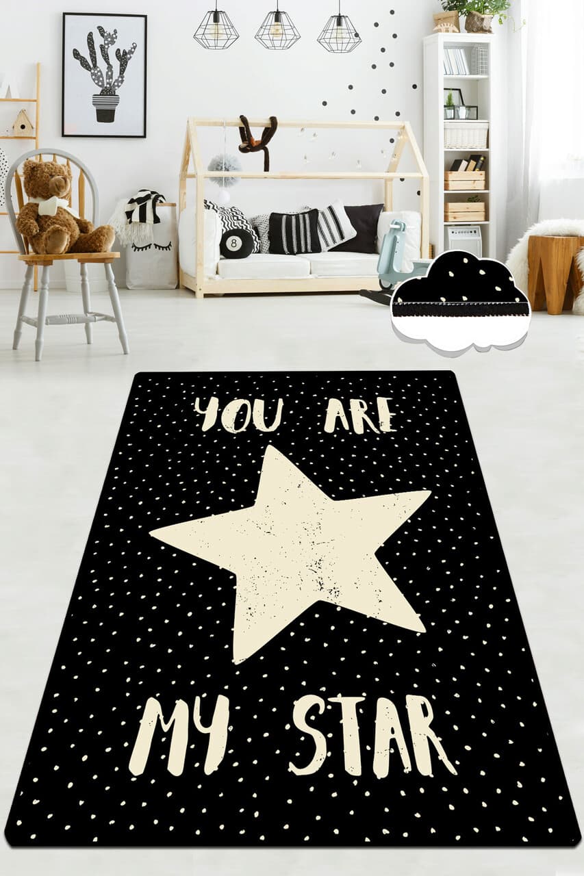 covor pentru copii my star djt 80x140 cm poliester alb negru