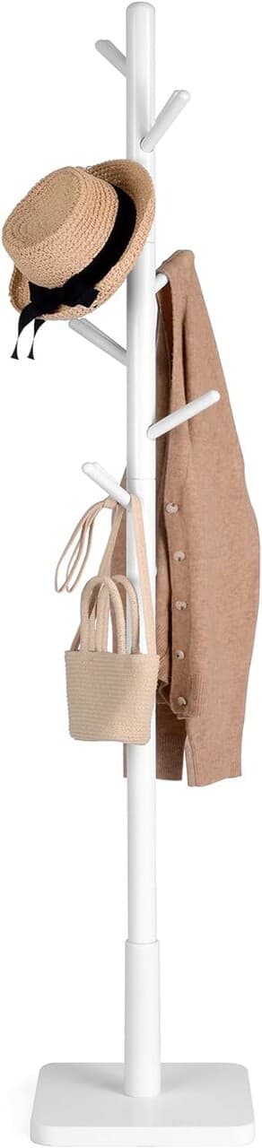 Cuier cu 8 agatatori Vasagle, 30x30x175 cm, lemn de arbore de cauciuc/MDF, alb