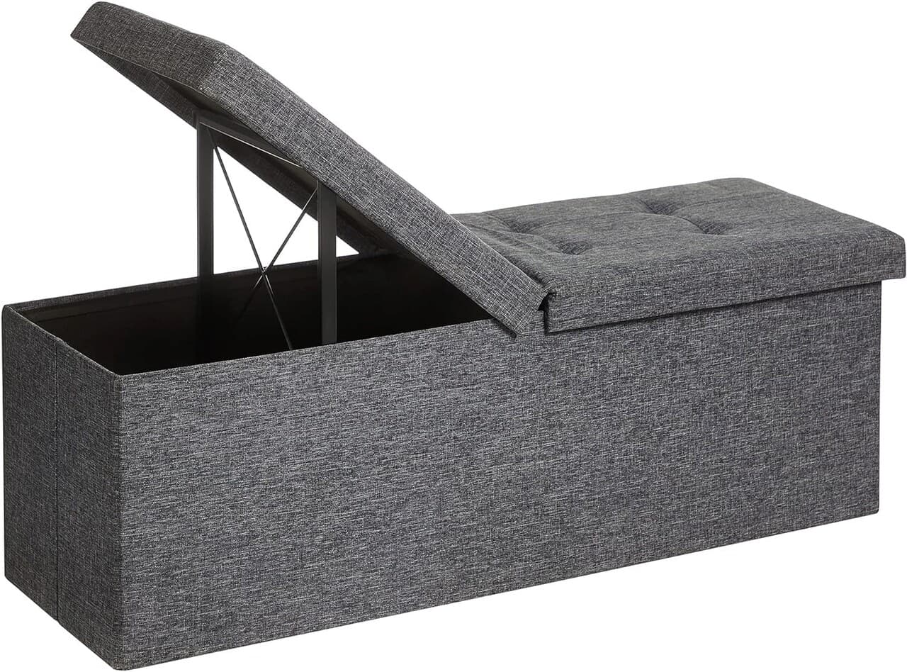 Bancheta cu spatiu pentru depozitare Ottoman Classic, Songmics, 110 x 38 x 38 cm, pliabila, imitatie in/MDF/fier, gri deschis