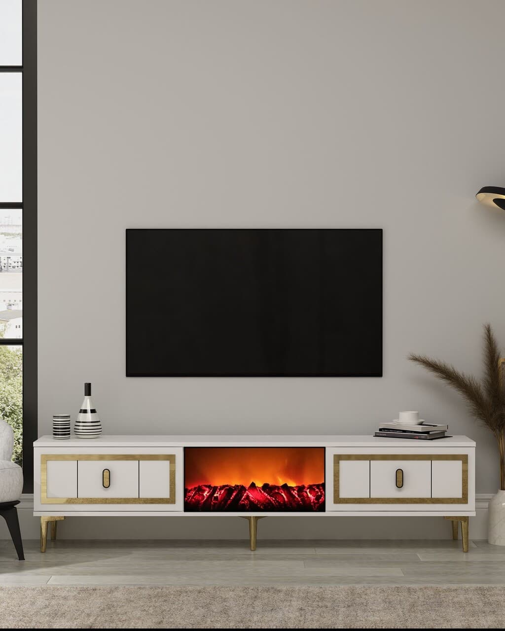 Comoda TV, Hanah Home, Orion Fireplace, 150x44.6x29.6 cm, PAL , Alb/Auriu