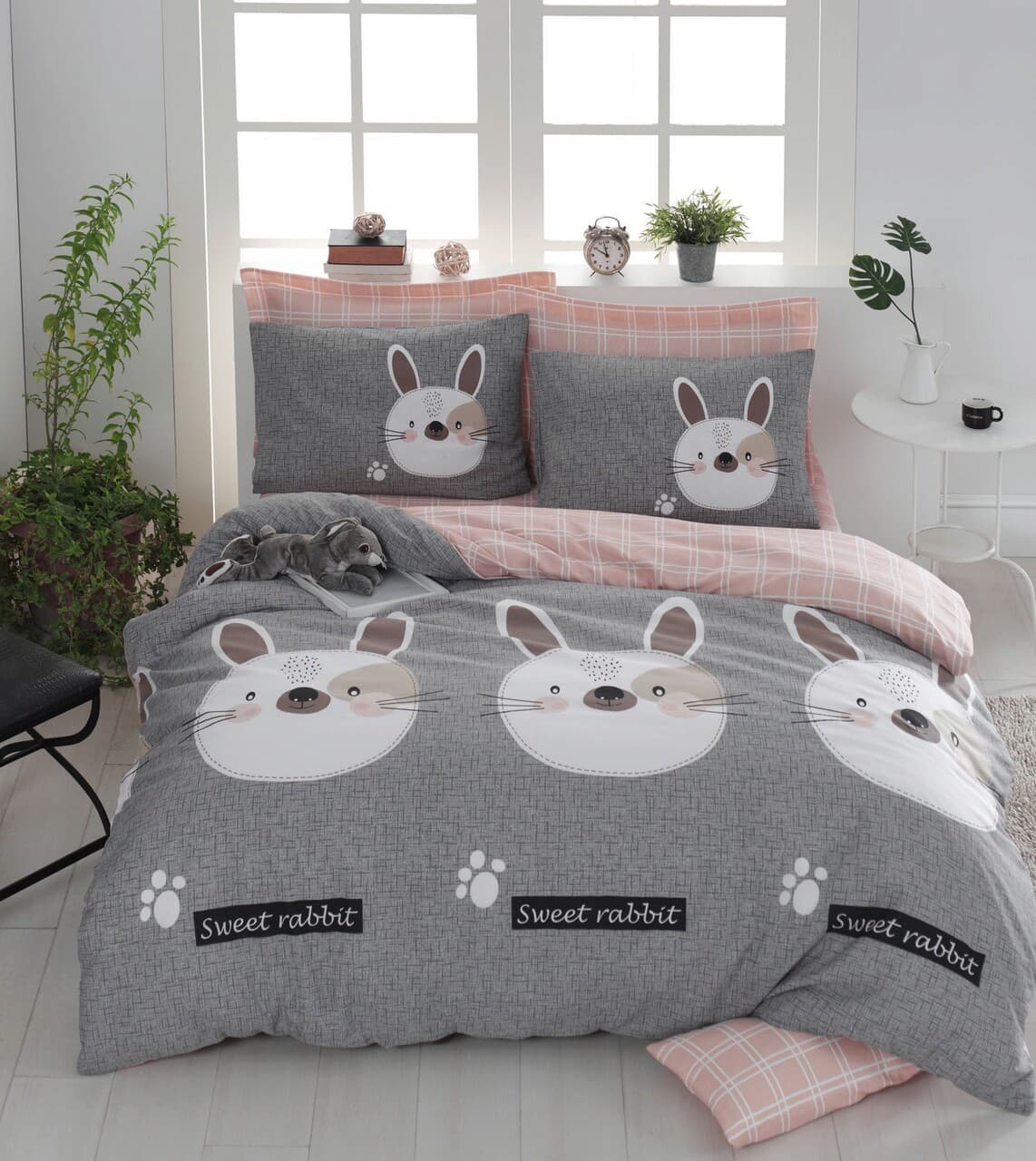 Lenjerie de pat dubla, L'essentiel Maison, Tavsancık, 65% bumbac/35% poliester, Gri / Maro / Alb / Roz