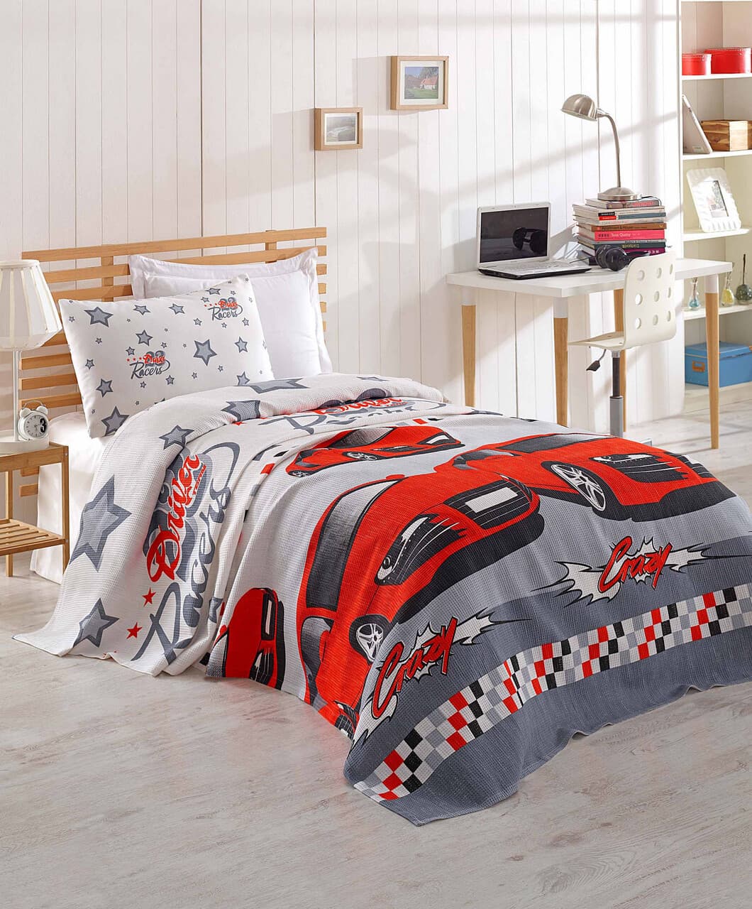 Set cuvertura pique Single 2 piese, L'essentiel Maison, Crazy, Bumbac, Alb / Gri / Rosu