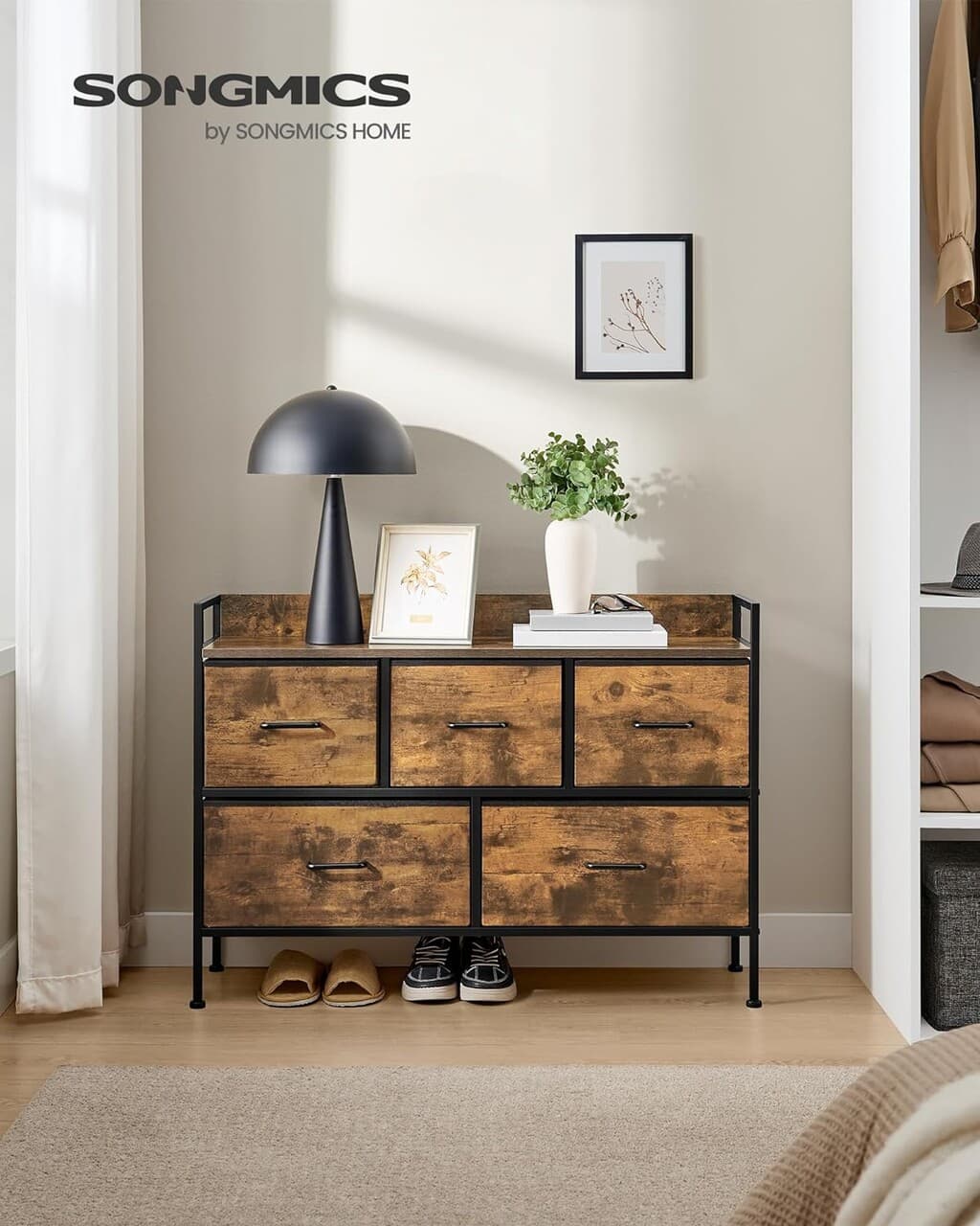 Comoda cu 5 sertare textile, Songmics, 98.2x29x70 cm, otel/MDF/poliester, maro rustic
