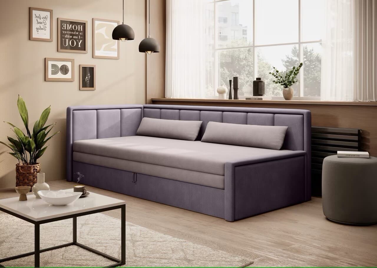 Canapea extensibila brat stanga 3 locuri, ELTAP, Fulgeo, 214x82x77 cm, lemn/catifea din poliester, bej/mov