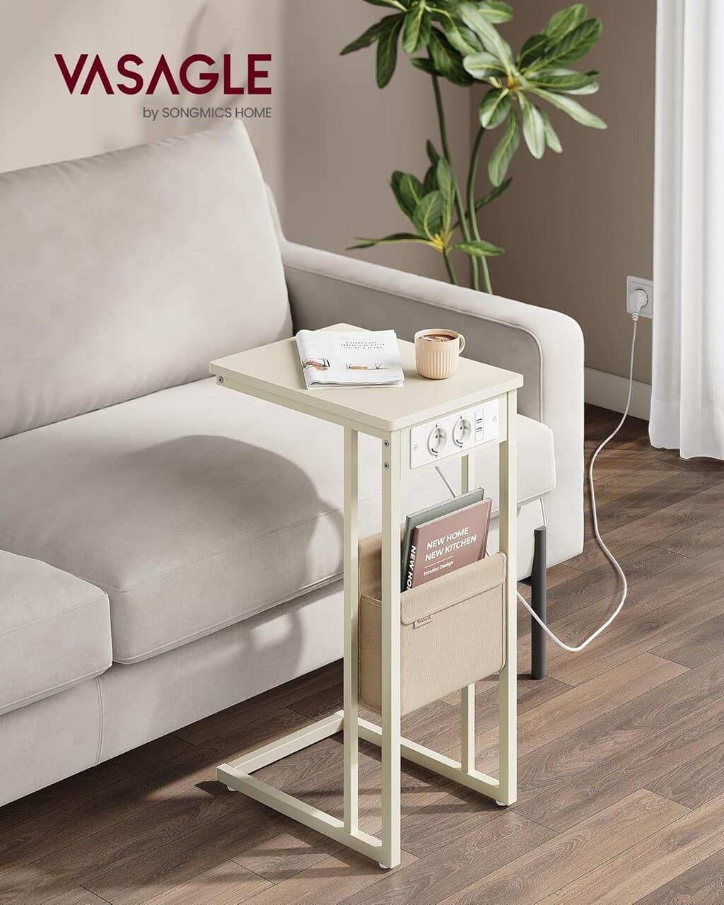 Masuta laterala C Shape, Vasagle, cu priza si porturi USB, 40x30x62 cm, PAL/otel, alb crem