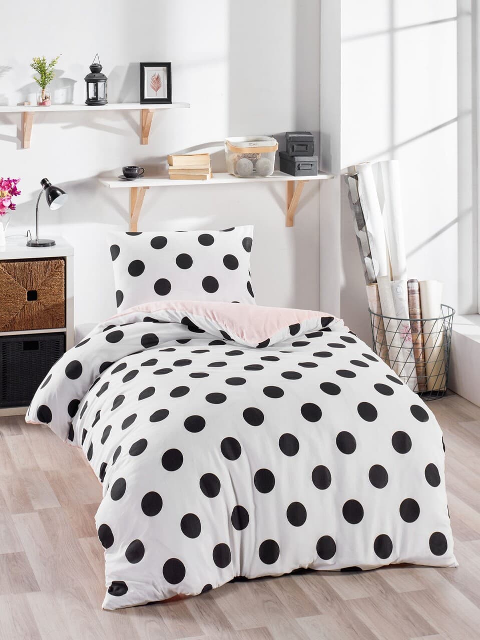 Lenjerie de pat pentru o persoana 2 piese, L'essentiel Maison, Mixpuan, 65% bumbac/35% poliester, Alb/Negru