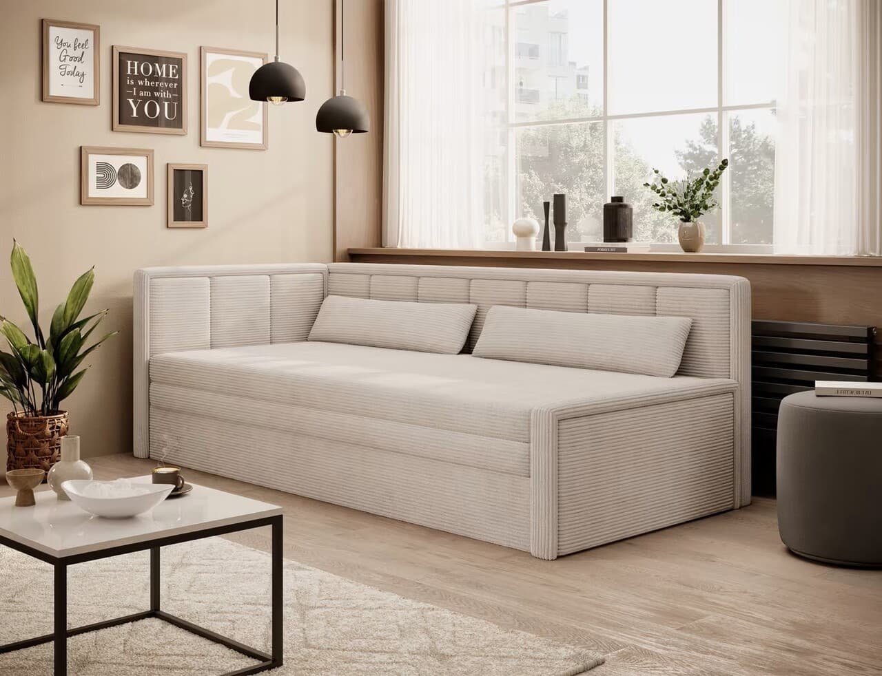Canapea extensibila brat stanga 3 locuri, ELTAP, Fulgeo, 214x82x77 cm, lemn/catifea din poliester, bej