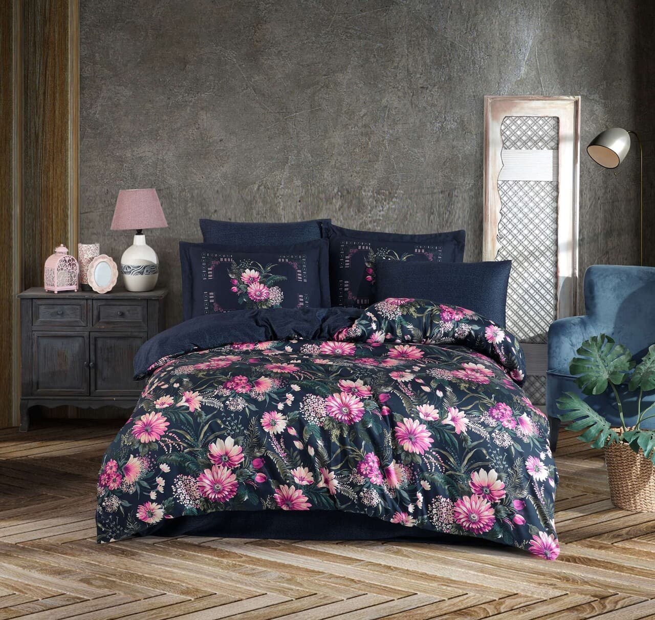 set de huse de pilota duble din satin tencel l 039 essentiel maison rebeca albastru inchis roz verde