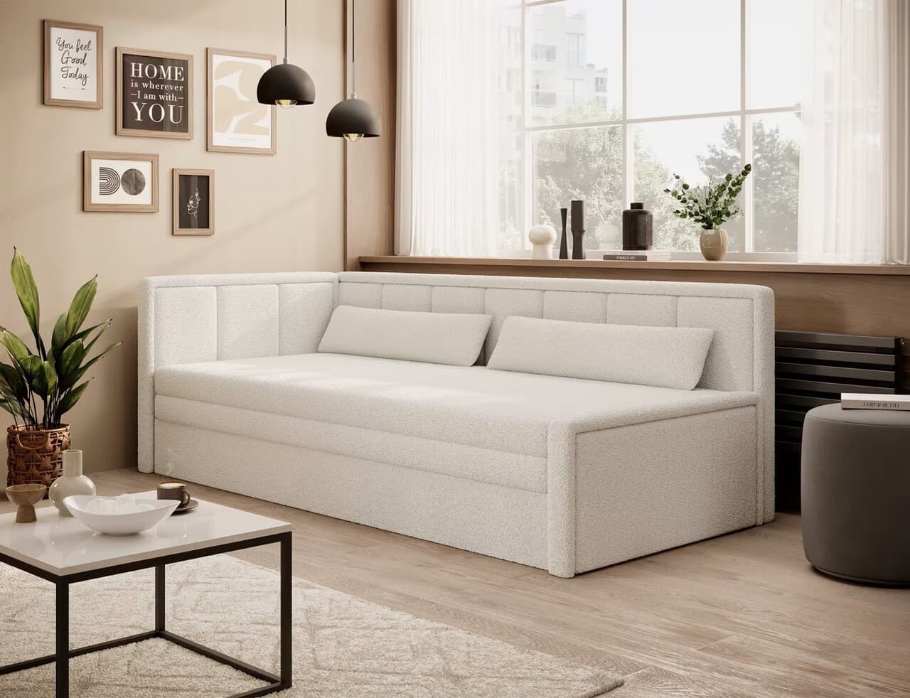 Canapea extensibila brat stanga 3 locuri, ELTAP, Fulgeo, 214x82x77 cm, lemn/catifea din poliester, alb