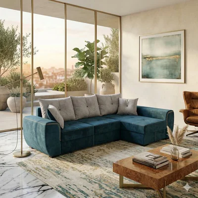 coltar milano tip 1 extensibil 260x160 cm cu lada de depozitare tapiterie stofa rezistenta saltea poliuretanica structura fag