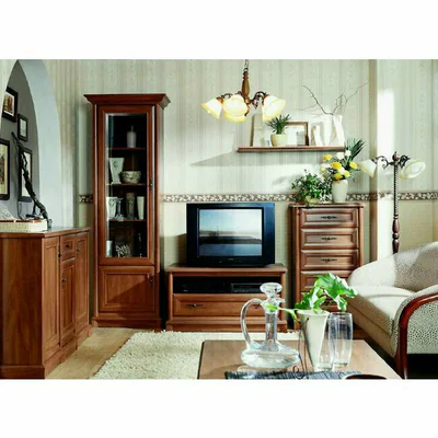 Living Sonata 2, Set Mobilier Elegant Cu Vitrina, Comoda, Polite Si Spatii Depozitare, MDF/PAL, Castan