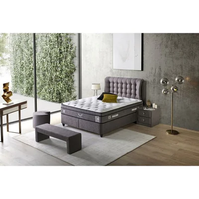 pat tapitat lateks 140x200 cm gri cu lada depozitare si somiera rabatabila