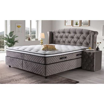 pat tapitat hadise 140x200 cm gri cu lada depozitare si somiera rabatabila