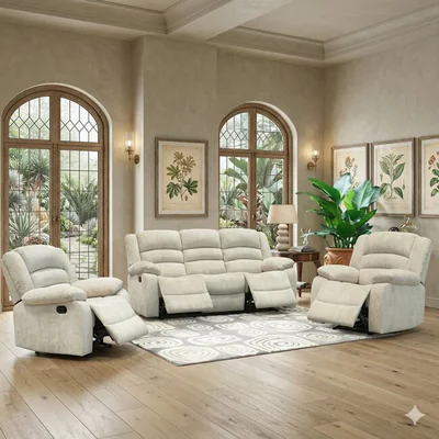 set recliner relax 3 1 1 canapea si doua fotolii cu functie de relaxare tapiterie catifelata bej