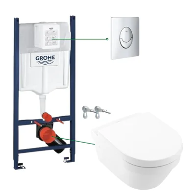 set vas wc suspendat rimless cu capac villeroyboch architectura plus rezervor incastrat si clapeta crom skate air grohe