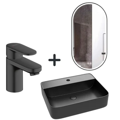 set lavoar negru cu ventil inclus baterie neagra plus oglinda cu iluminare led si dezaburire