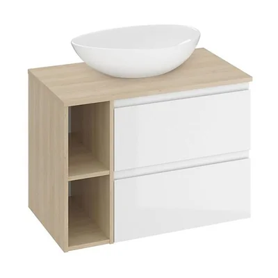 set mobilier baie pentru lavoar 2 sertare blat inclus polite prosop alb stejar 80 cm cersanit moduo