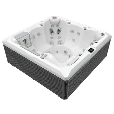 Minipiscina jacuzzi 6 persoane, alb-lucios, 43 jeturi, Infinity jets, LED, 215A 215 cm, Wellis Atlas Life Essential