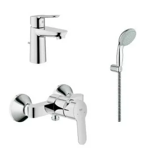 Set baterii 3in1 Grohe Bau Edge cu baterie lavoar, baterie dus si set de dus cu porter Tempesta