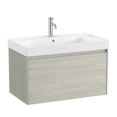 Set PROMO mobilier baza si lavoar cu 2 polite Roca Ona Unik 1 sertar 80x46 cm stejar deschis