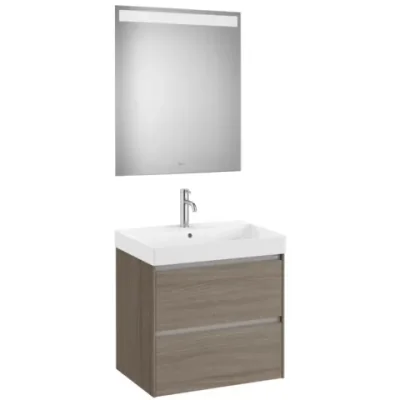 Set mobilier baie, masca 65 cm, lavoar si oglinda LED, Roca Ona maro