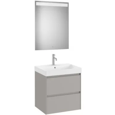 Set mobilier baie 60x46xH65 cm, lavoar si oglinda LED, Roca Ona gri mat