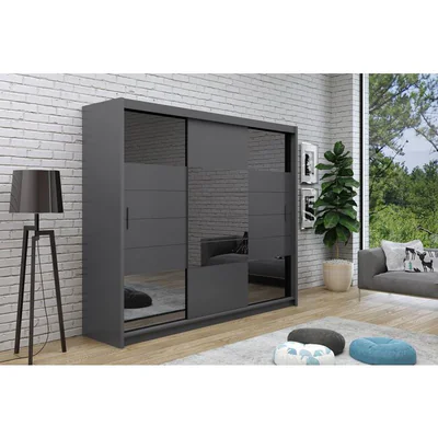 dulap aruba 2 cu usi culisante oglinda mare design modern pal melaminat 250x61x215 cm grafit