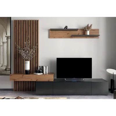 set mobila living rebeca plus cu riflaj 250x43x200 cm pal 16 mm stejar alb stil modern