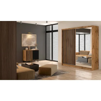 Dulap London cu oglinda, 2 usi glisante, PAL melaminat, 203x60x215 cm, negru