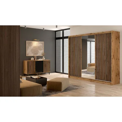 Dulap London cu oglinda, 3 usi glisante, PAL melaminat, 250x60x215 cm, negru