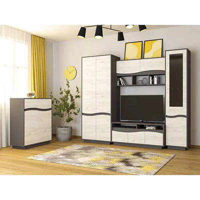 Living Geneva Modular, PAL Laminat, 335x50x207 cm, Gri Grafit si Stejar Craft Alb