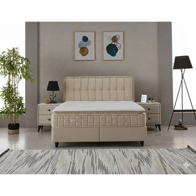 Pat + Saltea gratis Ortax, crem - 160/200 cu somiera rabatabila, lada de depozitare si tesatura premium