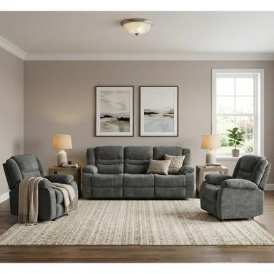 Set canapea recliner Relax 3+1+1, canapea si doua fotolii cu functie de relaxare, tapiterie catifelata, gri