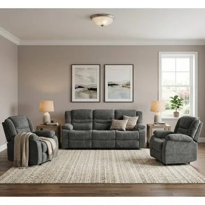 set canapea recliner relax 3 1 1 canapea si doua fotolii cu functie de relaxare tapiterie catifelata gri