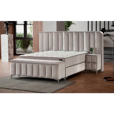 Set Pat + Saltea Moonlight Cu LED, Port USB si Lada Depozitare, 160x200 cm, Bej