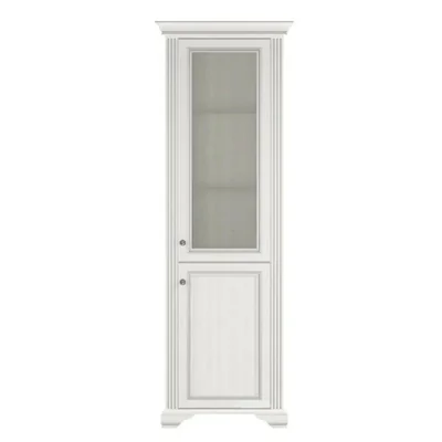 vitrina white 1d1w design clasic cu cornisa sculptata mdf frezat si pal melaminat balamale hafele si manere metalice 76x43x221 cm frasin alb pin argintiu