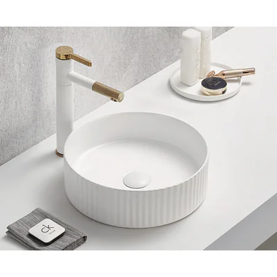 Lavoar rotund pe blat, cu riflaje 3D, alb lucios, Imperial Foglia