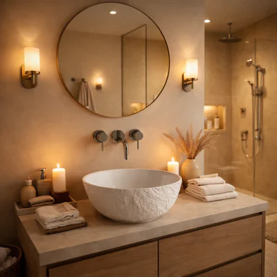 Lavoar baie compozit cu montare pe blat 42 cm, ventil inclus, alb, rotund, Foglia Ciment