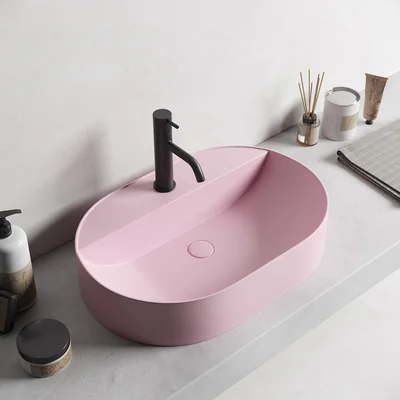 Lavoar baie pe blat, roz mat, cu orificiu baterie, Foglia Maurice