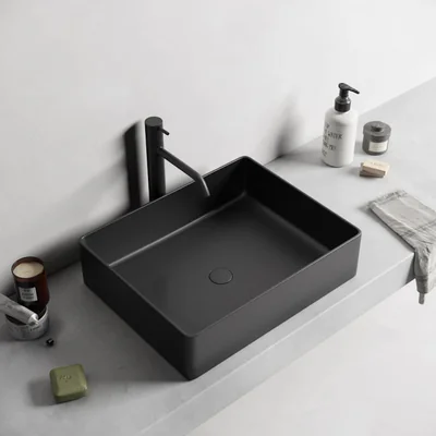 Lavoar baie dreptunghiular pe blat, negru mat, fara ventil, Foglia, Color