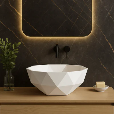 Lavoar de baie compozit cu montare pe blat, alb, oval, Foglia 3D Bowl