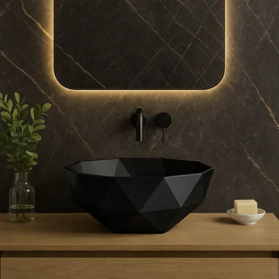 lavoar de baie compozit cu montare pe blat negru mat oval foglia 3d bowl